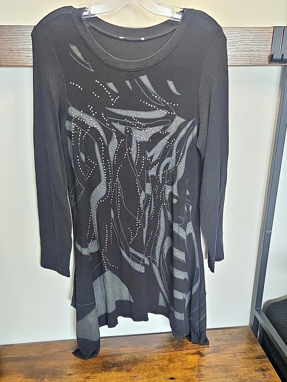 Women's Black Abstract Long Sleeve Top Y2K Tunic Knit